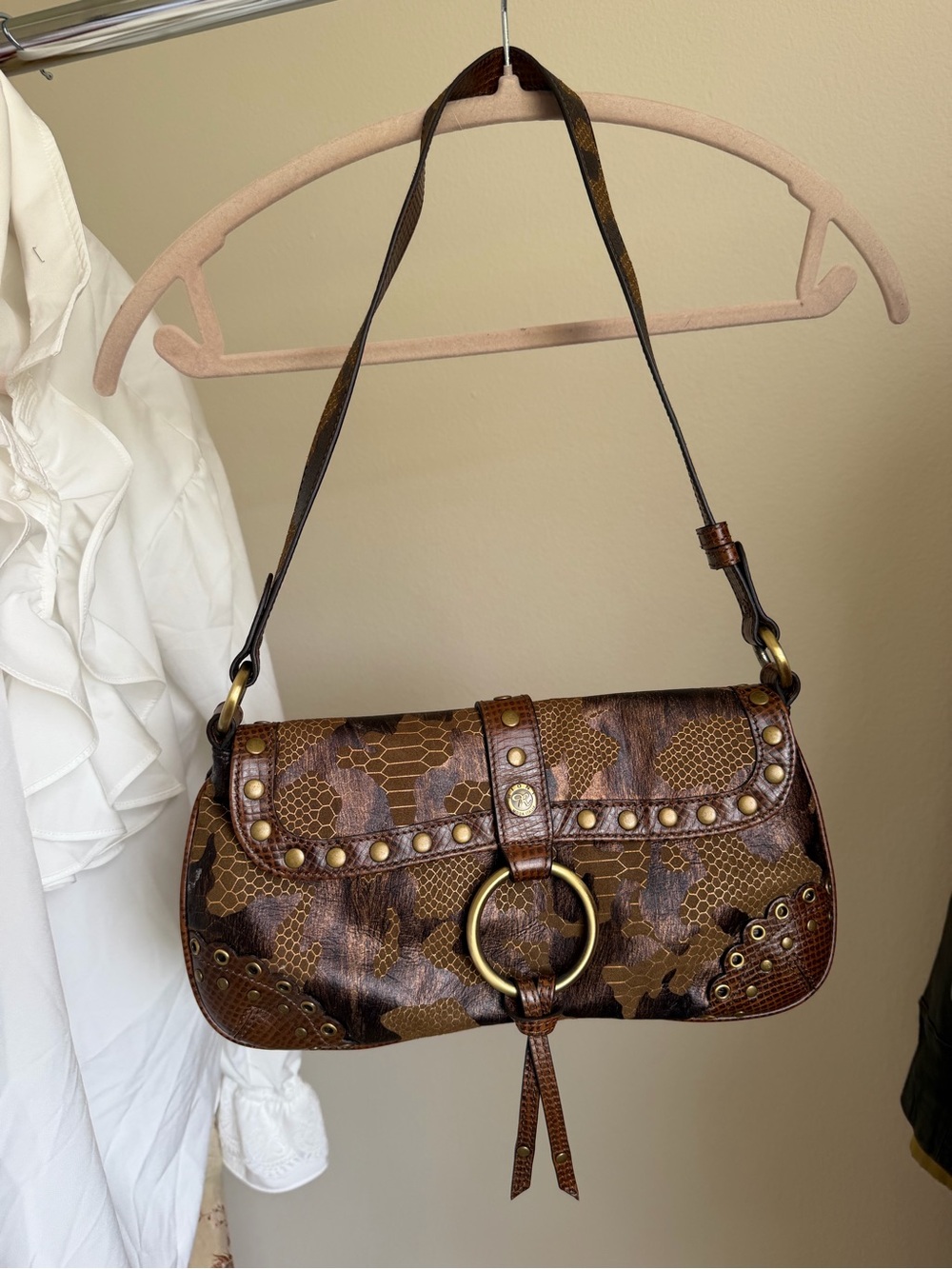 Rioni Brown Snake-Print Studded Shoulder Bag with Gold Ring